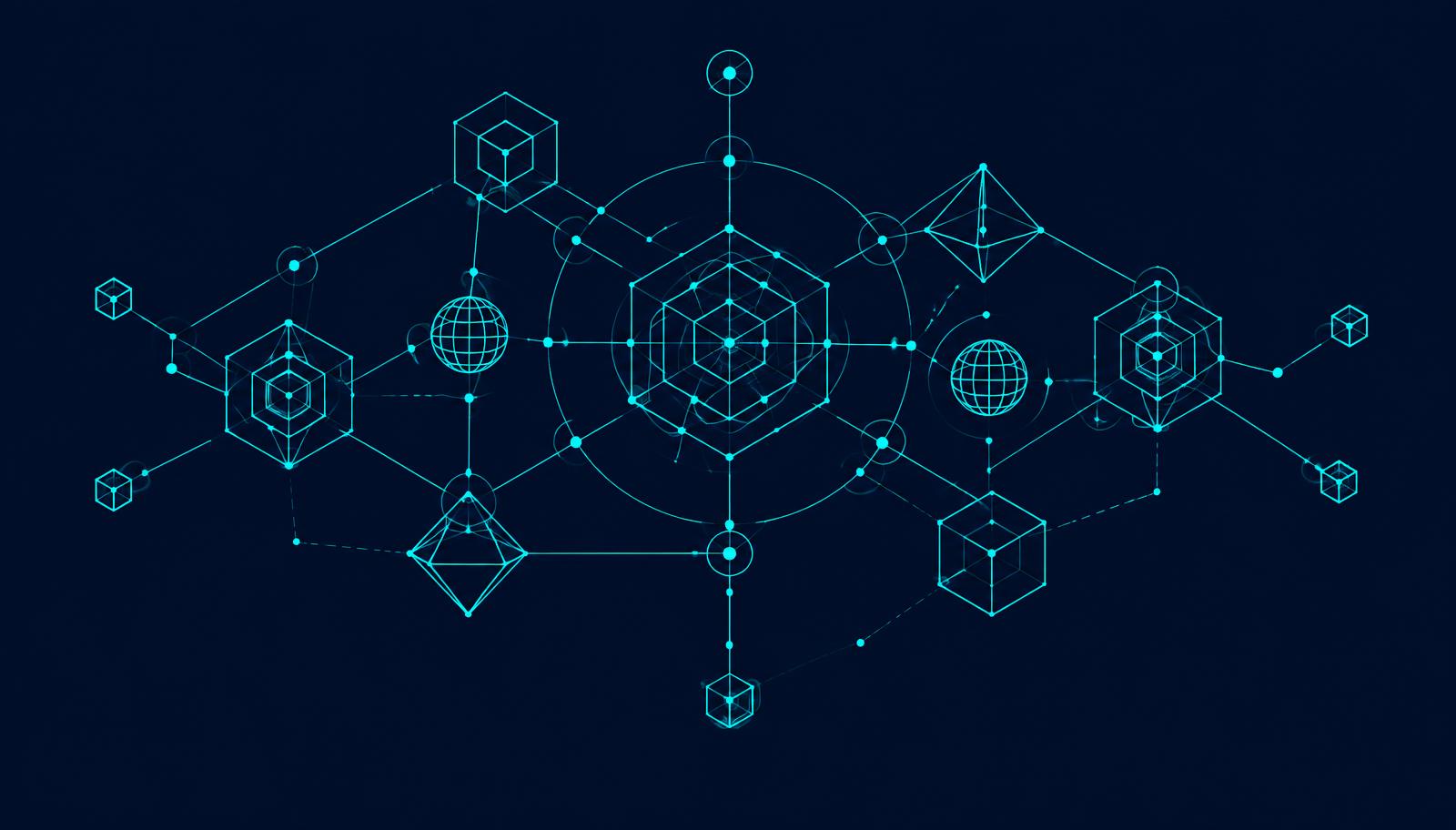 Abstract wireframe diagram of connected software components and data nodes