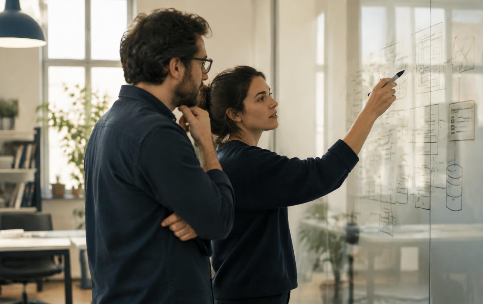 Two engineers discussing a system architecture diagram drawn on a glass wall