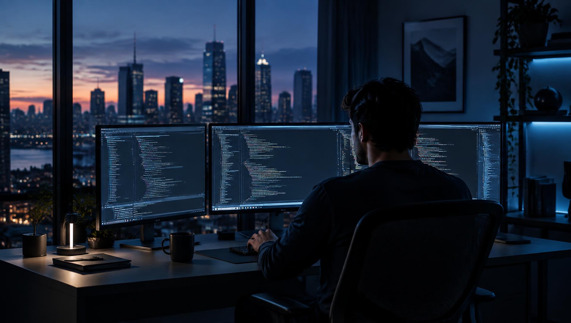Software engineer working at a multi-monitor workstation showing code at dusk