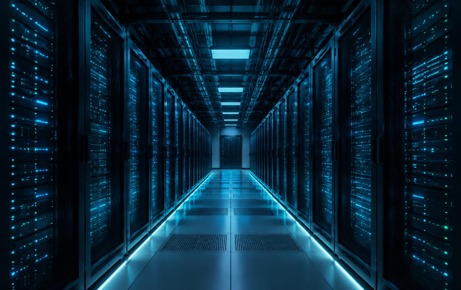 Corridor of server racks with cyan status indicators in a data centre